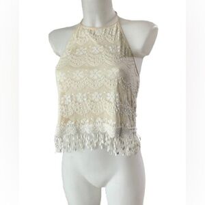 Staring at Stars Cream Lacey Camisole Halter Top w/Crochet Fringe Trim Medium